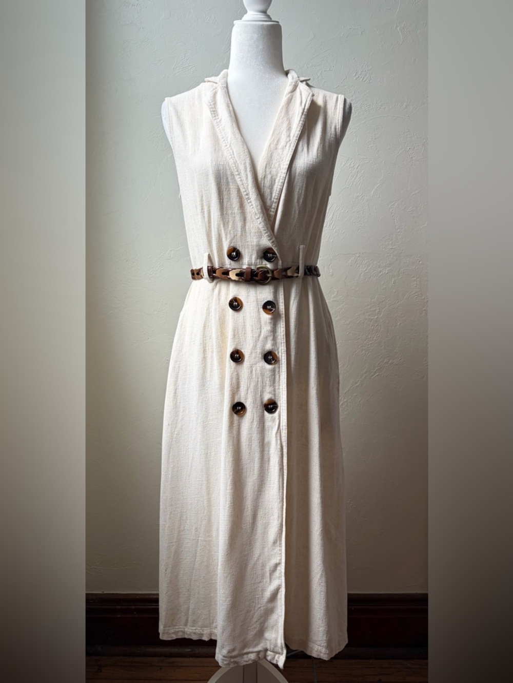 Tahari Linen Blend Belted Sleeveless Trench Midi Dress Neutral Small